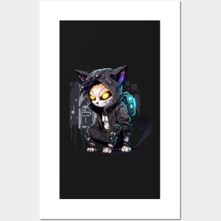 Hacker Cat Cyberpunk Dark Design (For Dark Background) Posters and Art